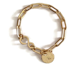 Chunky Chain Bracelet - Paper Clip Chain Bracelet - Initial Disc Charm - Handmade Bracelet