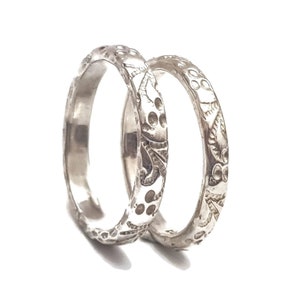 Romantic Wedding Band - Vintage Style Ring - 925 Silver Band - Flower Embossed Band - Handmade Ring - Stacking Ring