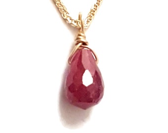 Ruby Drop Necklace - 14k Gold Chain - 45cm 18" Long Chain - Handmade