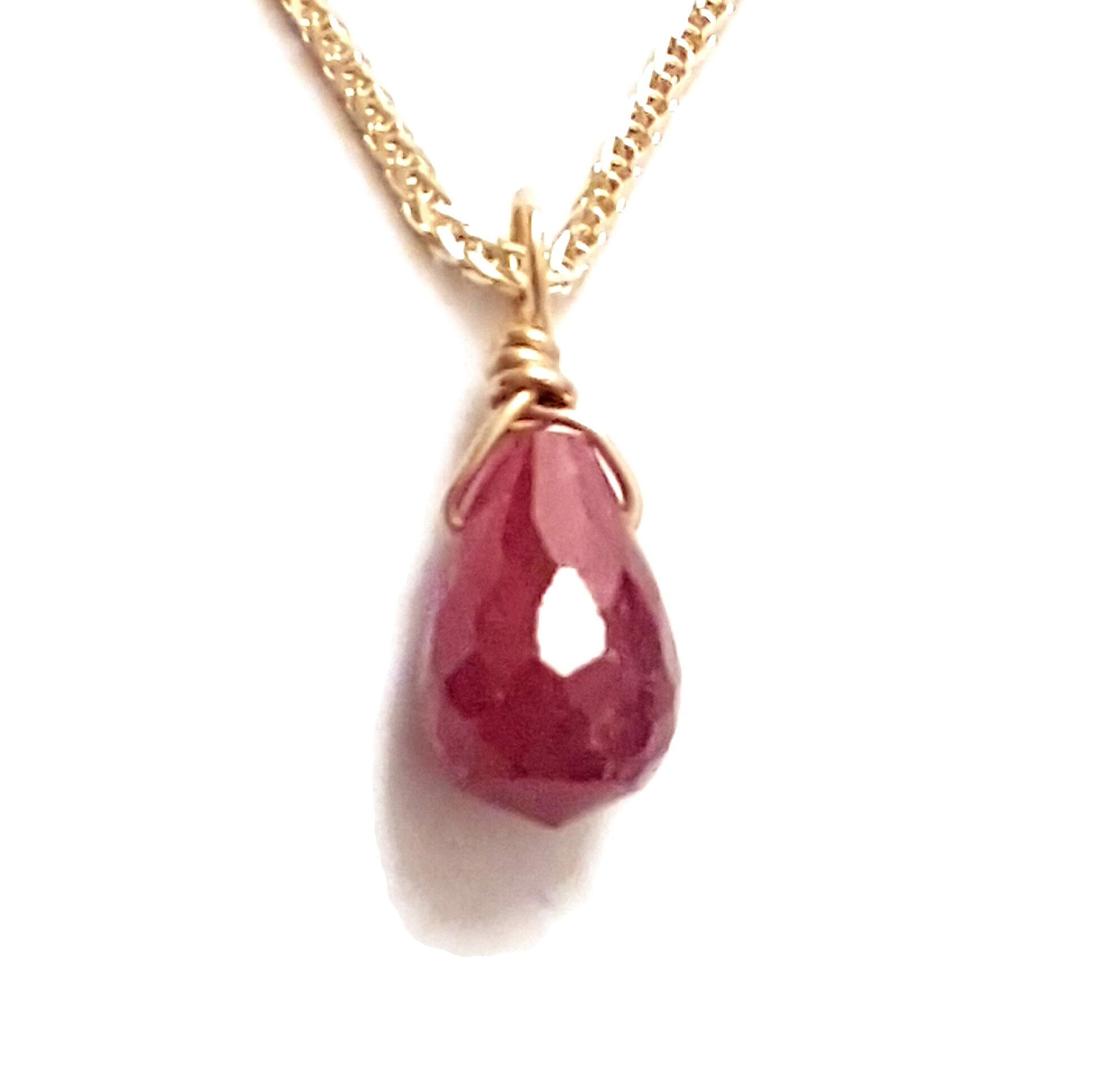 Ruby Drop Necklace 14k Gold Chain 18 Long Chain Etsy
