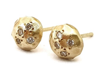 Diamond Stud Earrings - 14k Gold Earrings - Faceted Rustic Earrings