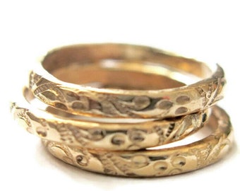 Handmade 14k Gold Wedding Ring, Vintage Flower Embossed Band