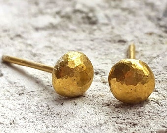 14k Gold Rustic Earrings • Half Dome Studs • Faceted Studs • Minimalist Earrings • Handmade Earrings