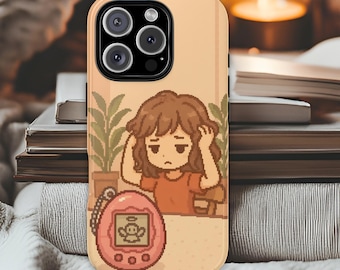 Pixel Tamagotchi Girl Phone Case, Cute Retro Pixel Art Aesthetic, Vintage 90s Style iPhone Case, Kawaii Sad Girl Accessory, Tamagotchi
