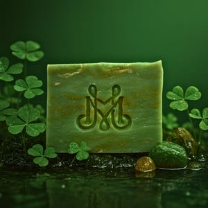 May include: A green bar of soap with a gold swirl design and an embossed monogram. The soap is surrounded by shamrocks and small stones, set against a dark green background. The soap appears to be sitting in water.