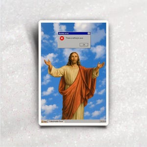 Catastrophic Savior Sticker – Dark Humor Jesus vinyl sticker for bottles, laptops, funny religious art