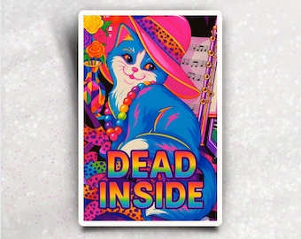 Adesivo de vinil de gato engraçado, inspirado em Lisa Frank, gato arco-íris sarcástico, adesivo de humor negro, adesivo de vinil para quem cresceu nos anos 90, estética Y2K