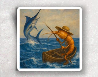 The Old Shrimp and The Sea- Funny Vinyl Sticker, Vintage Ocean Illustration