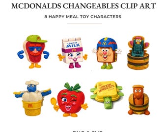 McDonalds Changeable Clip Art Png SVG Bundle, Vintage happy meal toy vectors, hand drawn illustration set
