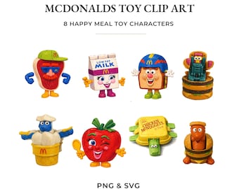 McDonalds Changeable Clip Art Png SVG Bundle, Vintage happy meal toy vectors, hand drawn illustration set