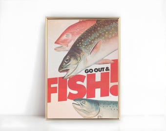Go Out and Fish digital down Wandkunst, Vintage Surreal Fish druckbares Poster, Dekor für Fischer oder Hütten oder Psychos