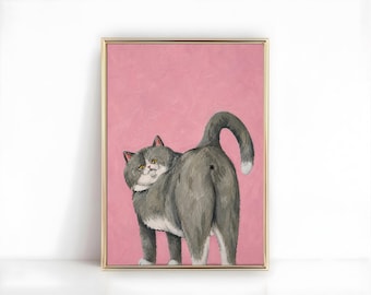Gato mal-humorado mostrando o traseiro - Download digital para impressão, arte de parede engraçada pintada de rosa, decoração de casa peculiar