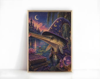 Arte de parede de fantasia sombria com o Mago Gar, pôster imprimível de peixe mágico para o Halloween e outras ocasiões mágicas.