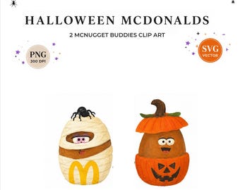 Ilustração vetorial de Halloween do McDonald's em PNG e SVG, incluindo o brinquedo McNugget Buddy em formato de múmia e abóbora, um ícone nostálgico.