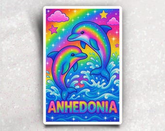 Sticker dauphin arc-en-ciel Anhédonie — Sticker en vinyle humour noir arc-en-ciel inspiré de Lisa Frank sarcastique