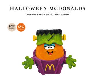 Ilustração nostálgica do brinquedo do McLanche Feliz "Frankenstein McNugget Buddy" para o Halloween.