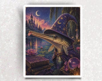 Adesivo Gar de Mago de Fantasia Sombria, Decalque com Vibe Anos 80, Adesivo Mágico de Peixe em Noite Estrelada, decalque à prova d'água para magos medievais