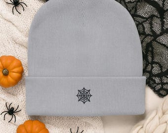 Spider Web Embroidered Beanie, Light Gray Halloween Knit Hat, Minimal Goth Fall Style, Cozy Spooky Season Cuffed Cap
