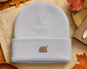 Thanksgiving Turkey Embroidered Beanie, Light Gray Knit Hat, Cozy Fall Beanie, Minimal Holiday Style, Funny Turkey Day Gift