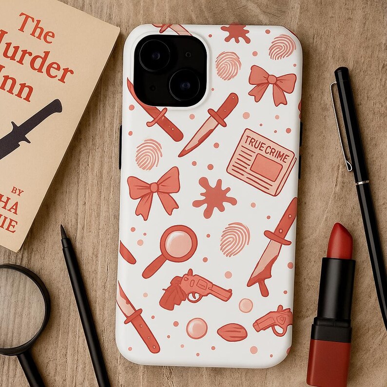 True Crime Phone Case, Red Crime Pattern with Knives, Bows & Guns, Shockproof Mystery Lover Case, Spooky Cute iPhone Cover image 1