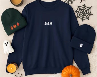 Three Ghosts Embroidered Sweatshirt, Navy Blue Halloween Crewneck, Cute Spooky Season Sweater, Cozy Goth Fall Aesthetic