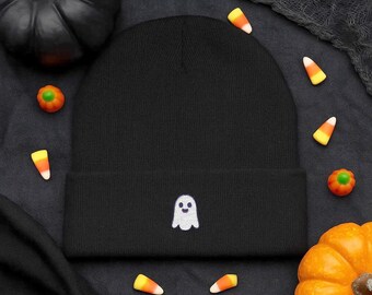 Ghost Embroidered Beanie, Black Halloween Knit Hat, Cute Spooky Season Style, Minimal Goth Fall Accessory, Cozy October Beanie