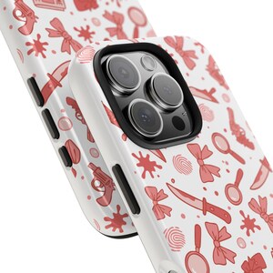 True Crime Phone Case, Red Crime Pattern with Knives, Bows & Guns, Shockproof Mystery Lover Case, Spooky Cute iPhone Cover image 5