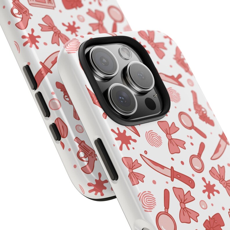 True Crime Phone Case, Red Crime Pattern with Knives, Bows & Guns, Shockproof Mystery Lover Case, Spooky Cute iPhone Cover image 5