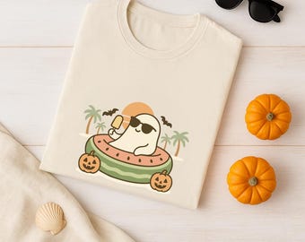 Watermelon Float Ghost T-Shirt Halloween Summerween Shirt Cute Spooky Ghost Tee Fall Beach Aesthetic Trick or Treat Shirt
