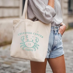 Celestial Cancer Tote Bag, Minimalist Zodiac Crab Design, Astrology Gift for Cancer Sign, Eco Canvas Horoscope Bag for Daily Use