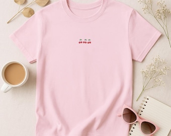 Cherry Embroidered T-Shirt, Cute Pink Fruit Tee, Minimal Summer Aesthetic Shirt, Cottagecore Style, Kawaii Cherry Graphic Tee
