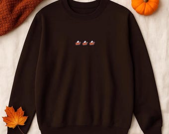 Pumpkin Pie Embroidered Sweatshirt, Dark Brown Thanksgiving Crewneck, Cozy Fall Pullover, Minimal Autumn Pie Lover Sweater