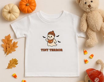 Personalized Tiny Terror Baby Halloween Shirt, Custom Infant Ghost Tee 6M to 24M, Cute Spooky Fall Outfit for Babies