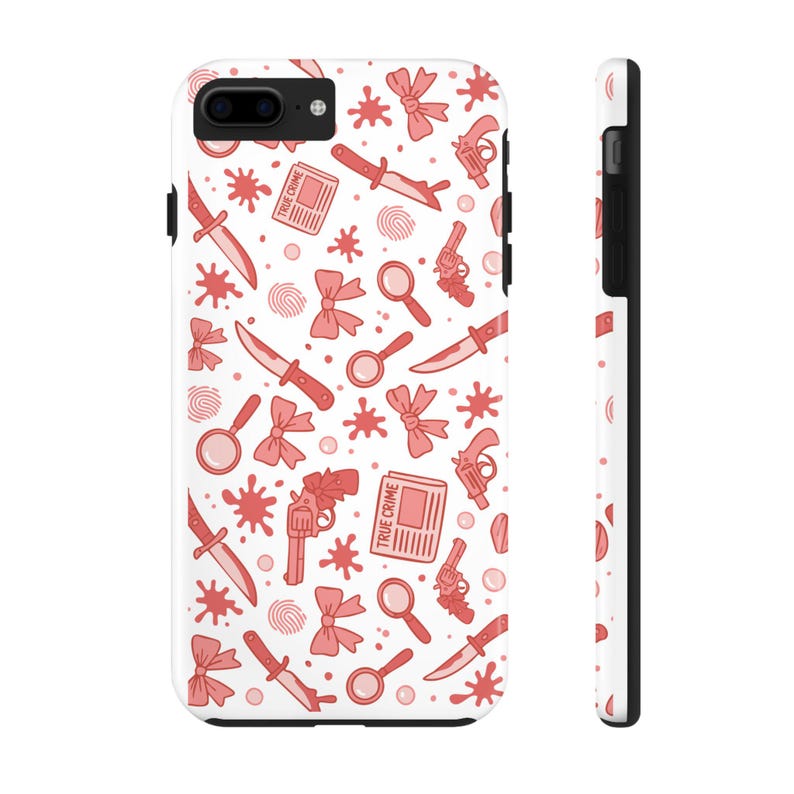 True Crime Phone Case, Red Crime Pattern with Knives, Bows & Guns, Shockproof Mystery Lover Case, Spooky Cute iPhone Cover image 7