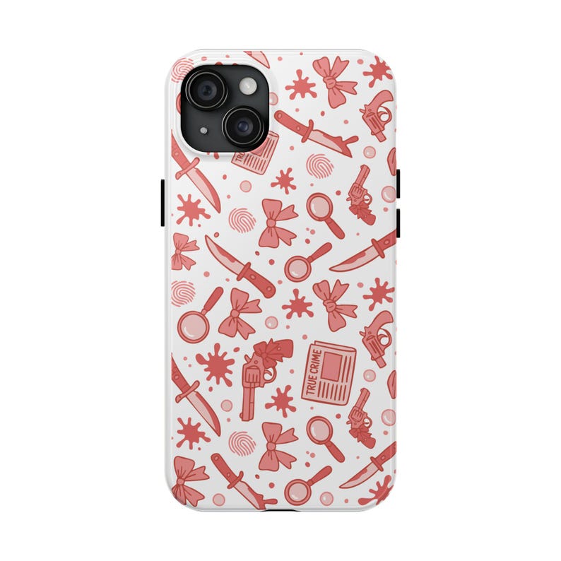 True Crime Phone Case, Red Crime Pattern with Knives, Bows & Guns, Shockproof Mystery Lover Case, Spooky Cute iPhone Cover image 6