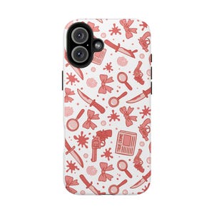 True Crime Phone Case, Red Crime Pattern with Knives, Bows & Guns, Shockproof Mystery Lover Case, Spooky Cute iPhone Cover image 8