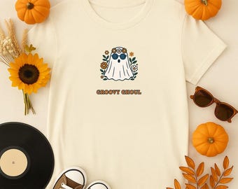 Personalized Groovy Ghoul Halloween Shirt, Retro Ghost Tee with Flowers and Glasses, 70s Aesthetic Fall Shirt for Women or Teens