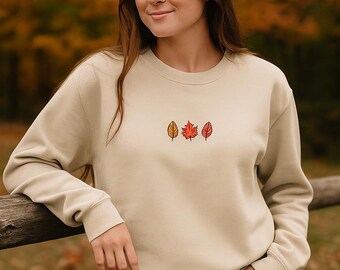 Minimalist Fall Leaf Embroidered Sweatshirt | Cozy Beige Autumn Crewneck | Thanksgiving Aesthetic Sweater | Soft Unisex Fall Pullover