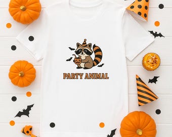 Party Animal Halloween Raccoon Shirt, Cute Fall Tee with Pumpkin Drink and Bats, Funny Animal Shirt for Spooky Season Parties