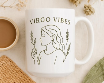 Virgo Vibes Sternzeichen Tasse, Minimalistische Astrologie Kaffeetasse für Virgo Zeichen, himmlisches Geschenk im erdigen Stil, 11oz oder 15oz Keramik