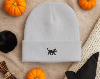 Black Cat Embroidered Beanie, Light Gray Cuffed Knit Hat, Cute Halloween Beanie, Minimal Spooky Fall Style, Cat Lover Gift