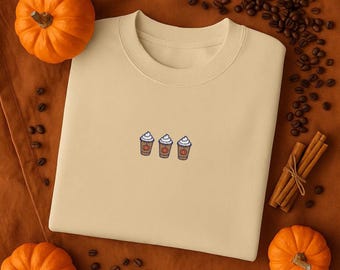 Pumpkin Spice Latte Embroidered Sweatshirt, Beige Fall Crewneck, Cozy PSL Season Sweater, Minimal Autumn Coffee Lover Pullover