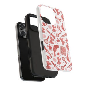 True Crime Phone Case, Red Crime Pattern with Knives, Bows & Guns, Shockproof Mystery Lover Case, Spooky Cute iPhone Cover image 4
