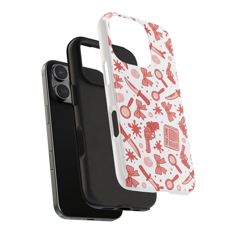 True Crime Phone Case, Red Crime Pattern with Knives, Bows & Guns, Shockproof Mystery Lover Case, Spooky Cute iPhone Cover image 4