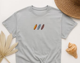 Surfboard Embroidered T-Shirt, Minimalist Summer Tee, Coastal Surf Graphic Shirt, Retro Beach Vibes, Surfer Aesthetic Top
