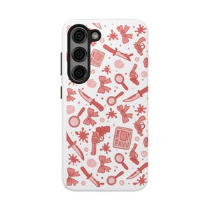 True Crime Phone Case, Red Crime Pattern with Knives, Bows & Guns, Shockproof Mystery Lover Case, Spooky Cute iPhone Cover image 9