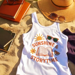 Débardeur soleil et heure du conte, chemise d&#39;été pour amoureux des livres, tenue de lecture de plage, joli t-shirt sans manches pour les lecteurs, cadeau livresque