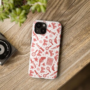 True Crime Phone Case, Red Crime Pattern with Knives, Bows & Guns, Shockproof Mystery Lover Case, Spooky Cute iPhone Cover image 2