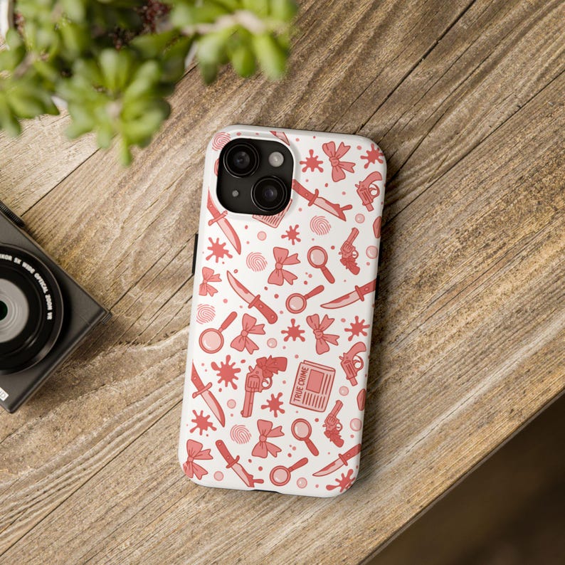 True Crime Phone Case, Red Crime Pattern with Knives, Bows & Guns, Shockproof Mystery Lover Case, Spooky Cute iPhone Cover image 2