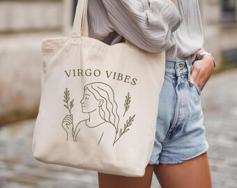Virgo Vibes Tote Bag, Minimalist Zodiac Design in Earthy Tones, Astrology Gift for Virgo Sign, Eco-Friendly Canvas Horoscope Bag